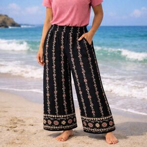 Dots XL Black Floral Stripe Wide Leg Smocked Waist Boho Palazzo Pants XL